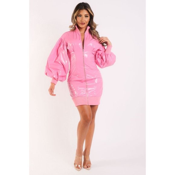 Women's Bodycon Leather Shiny Latex Bubble Sleeved Zipper Short length Dress - Picture 9 of 10